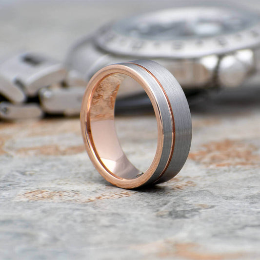 ETOS Gunmetal Tungsten Band Rose Gold Gents Ring - Gaboni Jewelers