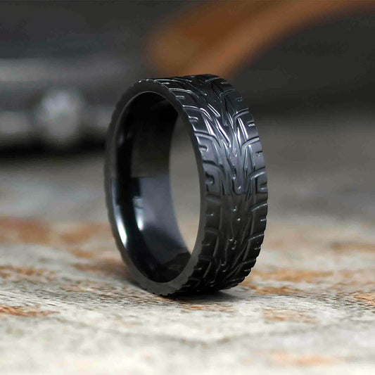 FERRA Men's Wedding Band Black Zirconium Supercar Tire Tread - Gaboni Jewelers
