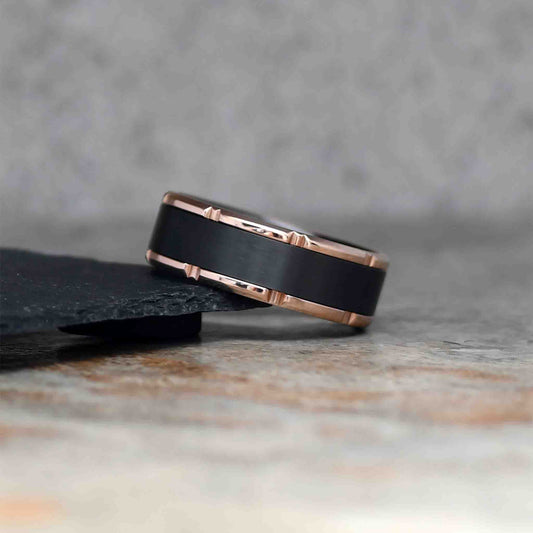 MUSK Rose Gold Men's Wedding Ring in Black Zirconium - Gaboni Jewelers