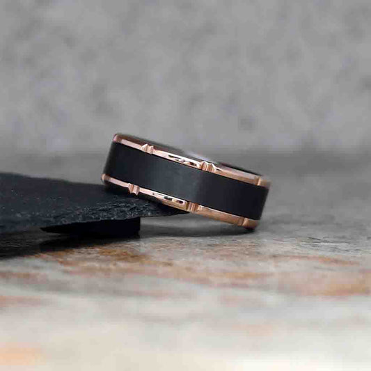 MUSK Rose Gold Men's Wedding Ring in Black Zirconium - Gaboni Jewelers