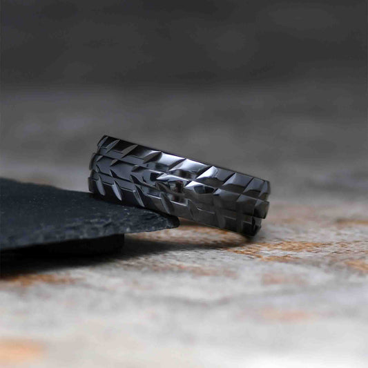 APRILO Men's Wedding Band Tire Tread Ring in Black Zirconium - Gaboni Jewelers