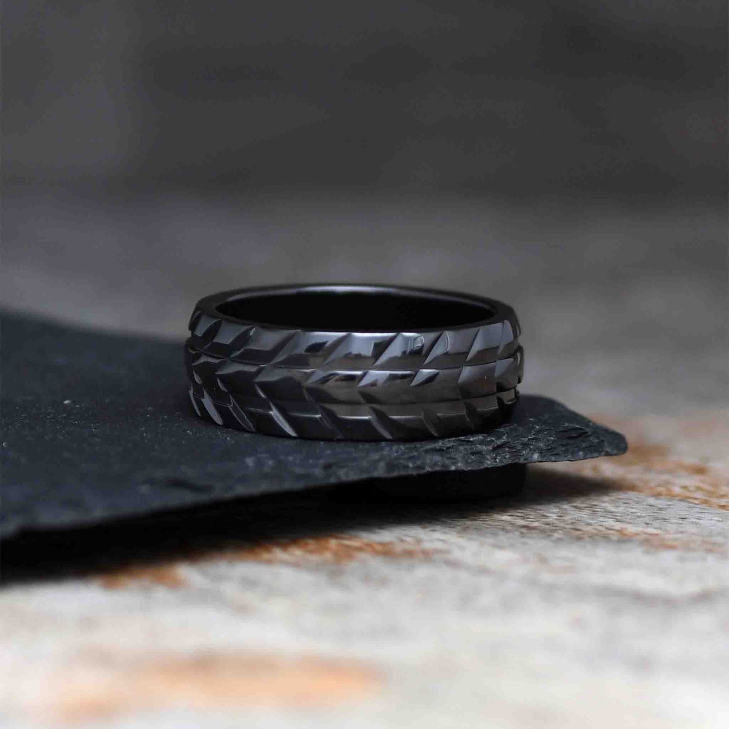 APRILO Men's Black Zirconium Ring Tire Tread Design - Gaboni Jewelers