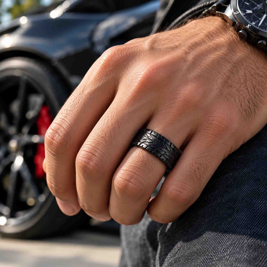 FERRA Men's Wedding Ring Black Zirconium Supercar Tire Tread Hand