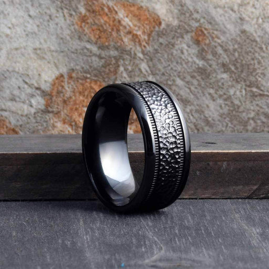 HYPOS Black Zirconium Mens Ring Hammered Wedding Band 01 - Gaboni Jewelers