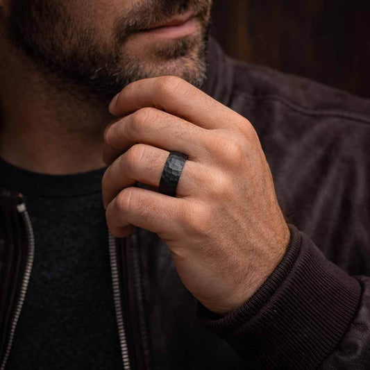 PERS Hammered Black Tungsten Wedding Band for Men 8mm on Hand