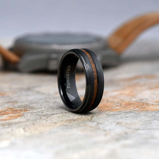 COWBOY Black Tungsten Ring for Men Koa Wood Wedding Band - Gaboni Jewelers