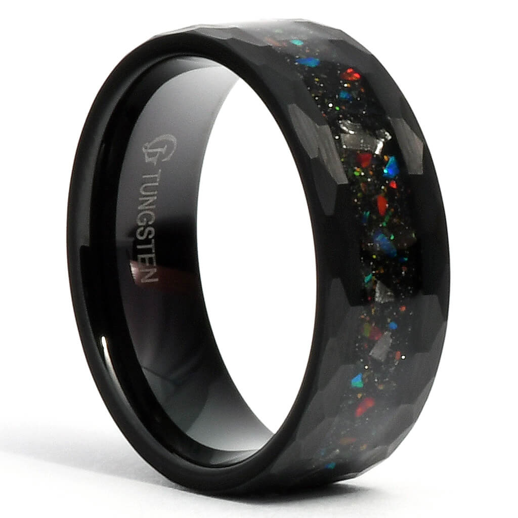 ZEG Tungsten Carbide Ring Black w/ Galaxy Opal - Hammered - Gaboni Jewelers