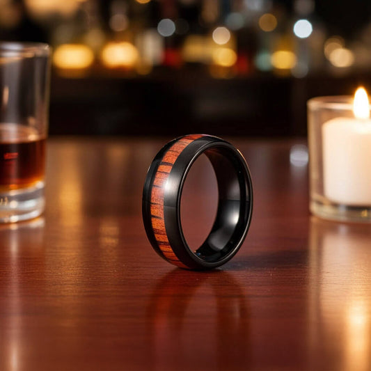 BILLY Black Men's Tungsten Ring with Koa Wood - Gaboni Jewelers