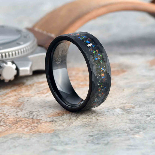 ZEG Tungsten Men's Wedding Band w/ Galaxy Opal - Hammered - Gaboni Jewelers