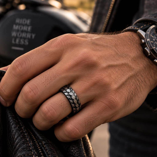 aprilomat mens motorcycle tire tread wedding band ring Gaboni Jewelers