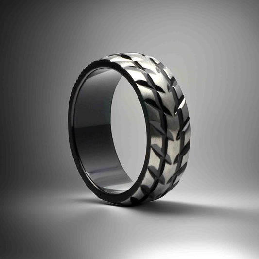 Aprilomat Black Zirconium Mens Wedding Band Tire Tread Gunmetal - Gaboni Jewelers