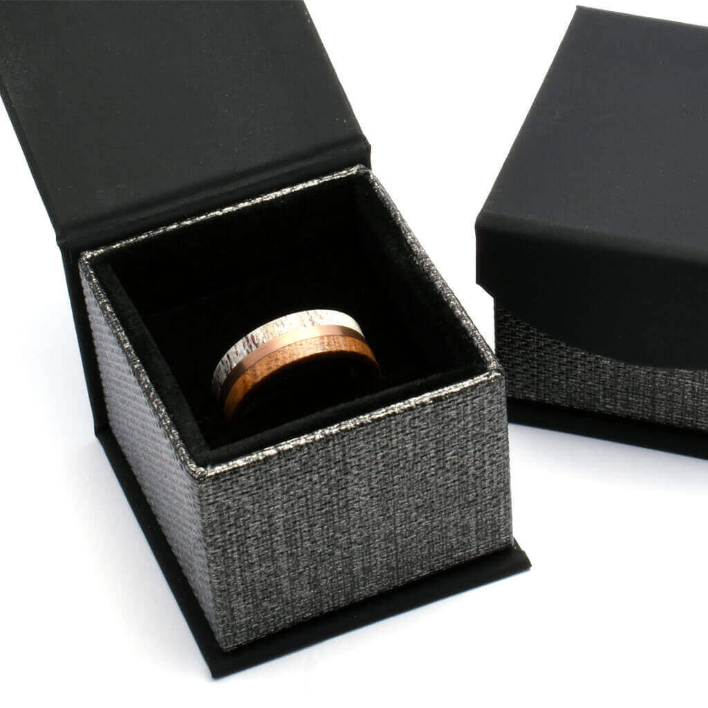 HUNTER Antler Men's Wedding Band Whiskey Barrel Ring Free Box - Gaboni Jewelers