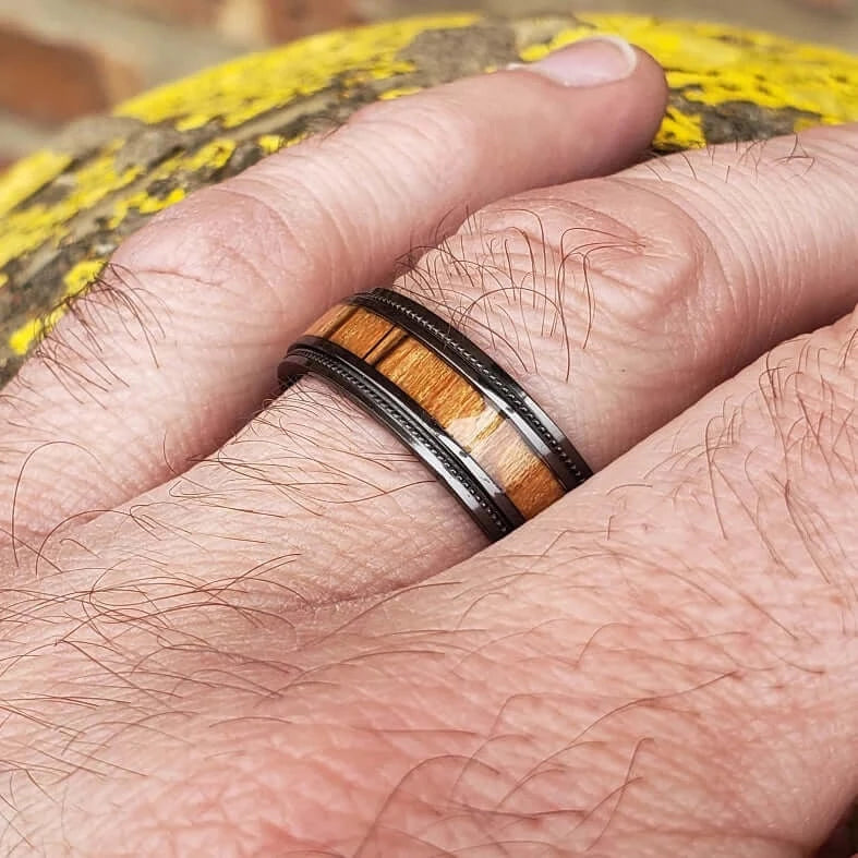 Black Zirconium / Whiskey Barrel Wood Men's Wedding Band - GEFIN