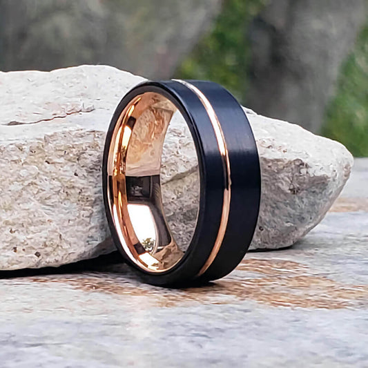 PASTEUR Tungsten Mens Wedding Band Black Rose Gold Gaboni Jewelers