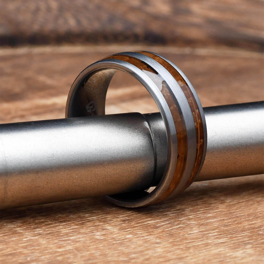 Tungsten Men's Wedding Band w/ Whiskey Barrel Wood -JOHNNIE - Gaboni Jewelers