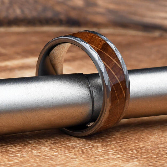 JIM Hammered Tungsten Wedding Band with Whiskey Barrel Wood