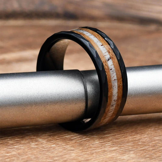 JAMES Black Mens Wedding Band w/ Whiskey Barrel Wood & Antler in Tungsten - Gaboni Jewelers