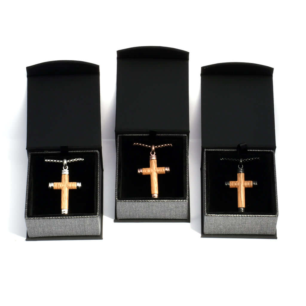 Wood Men's Cross Necklace Pendant Stainless Steel 24" Chain with Box - Gaboni Jewelers