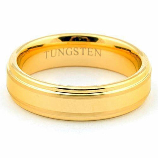 ZOMER 6mm Gold Tungsten Wedding Band Two Stripes & Shiny Steps - Gaboni Jewelers