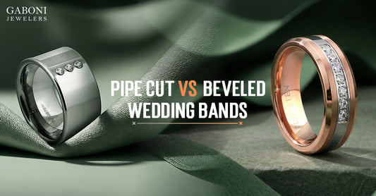 Gaboni Jewelers blog banner titled Pipe Cut vs Beveled Wedding Bands featuring a wide diamond-accented ring and a rose gold beveled diamond band.
