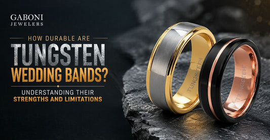 Gaboni Jewelers blog banner titled How Durable Are Tungsten Wedding Bands? featuring two-tone gold and black wedding rings with rose gold accents.