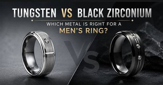 Tungsten vs Black Zirconium comparison banner for men's rings featuring a silver brushed tungsten band and a black stone-set wedding ring.