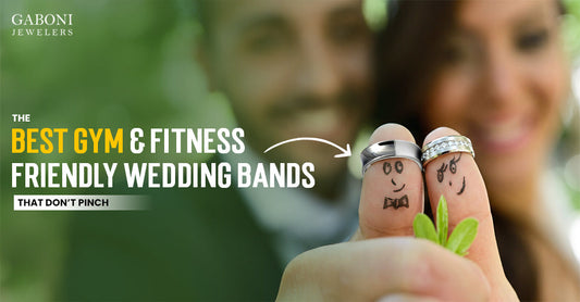 Gaboni Jewelers blog banner titled The Best Gym & Fitness Friendly Wedding Bands That Don't Pinch showing rings on bride and groom fingers.