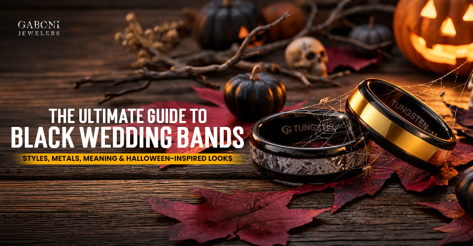 Gaboni Jewelers blog banner titled The Ultimate Guide to Black Wedding Bands featuring black carbon fiber and gold tungsten rings surrounded by autumn leaves.   