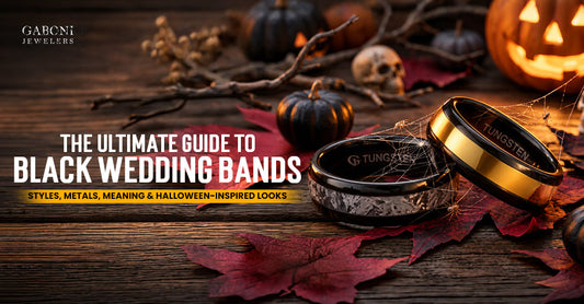 Gaboni Jewelers blog banner titled The Ultimate Guide to Black Wedding Bands featuring black carbon fiber and gold tungsten rings surrounded by autumn leaves.   