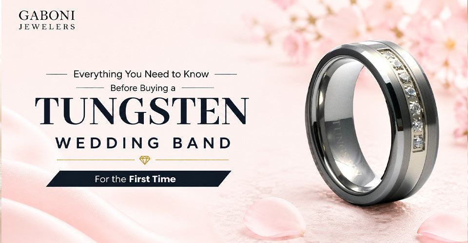Gaboni Jewelers blog banner titled Everything You Need to Know Before Buying a Tungsten Wedding Band showing a channel-set cubic zirconia tungsten ring.