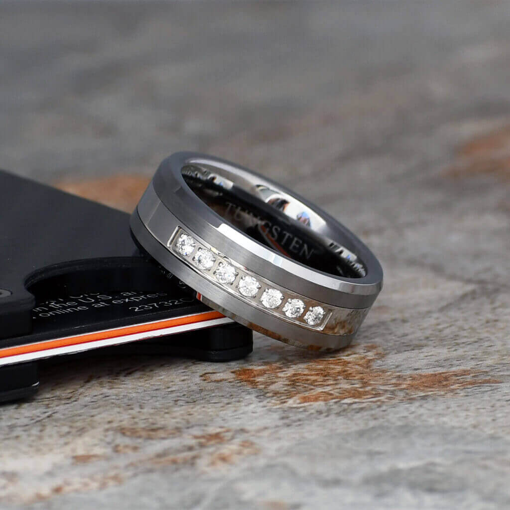 JANX Brushed Tungsten Ring Mens Wedding Band Diamond