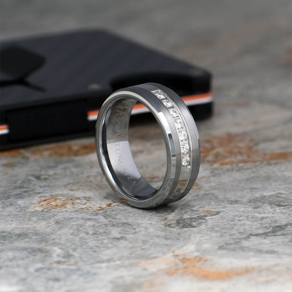 JANX Brushed Tungsten Ring Mens Wedding Band Diamond