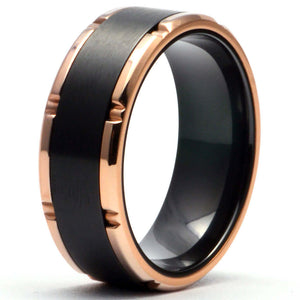 MUSK Rose Gold Men's Wedding Ring in Black Zirconium - Gaboni Jewelers