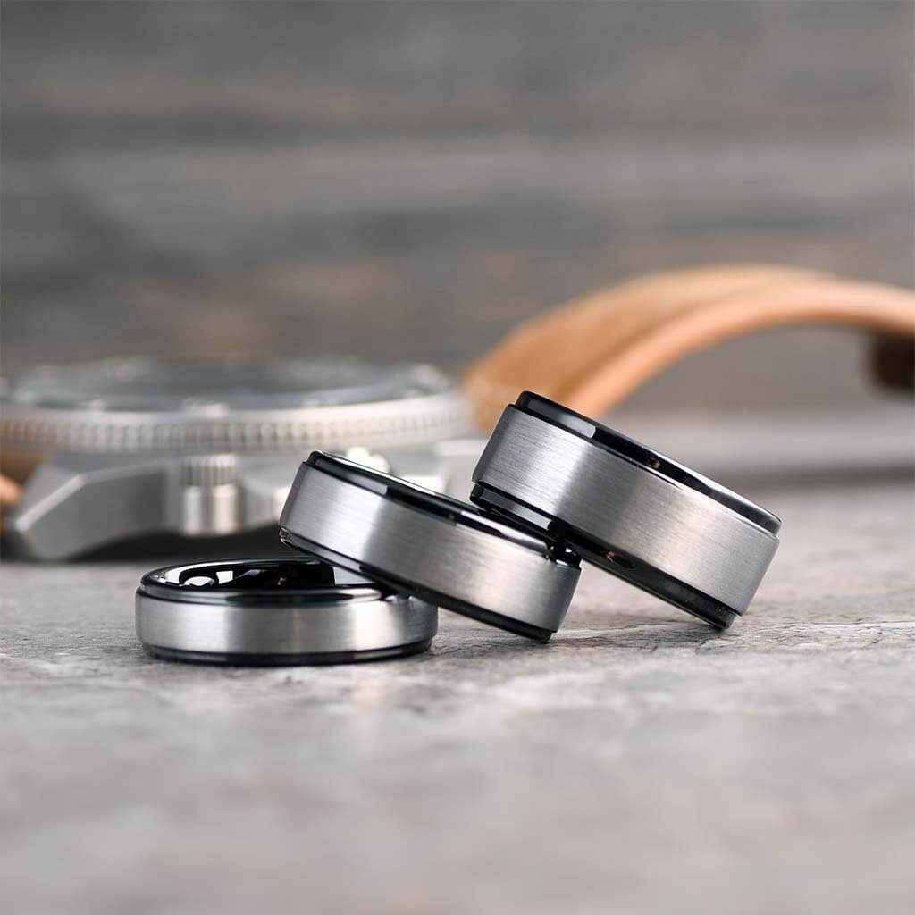 10mm Wide Men’s Black Tungsten Carbide Beveled Brushed Center Wedding Band Ring – US Made