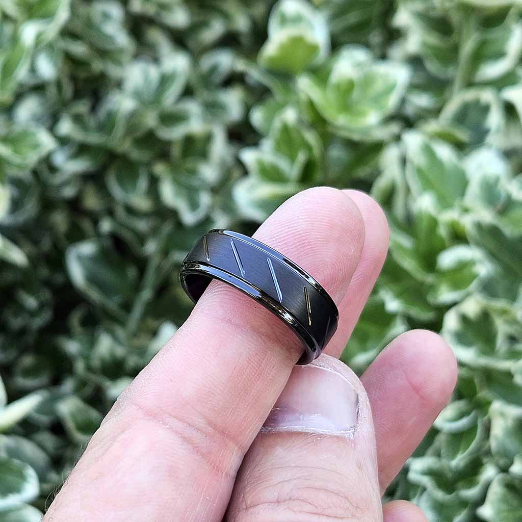 Black Ion-Plated Tungsten Wedding Band w/ Diagonal Grooves