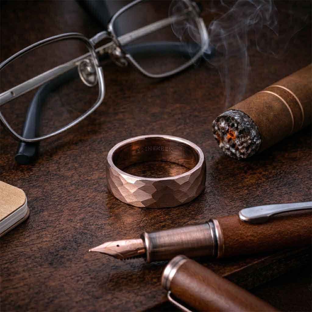 Brown Hammered Tungsten Wedding Band for Men 8mm QBAS on Desk
