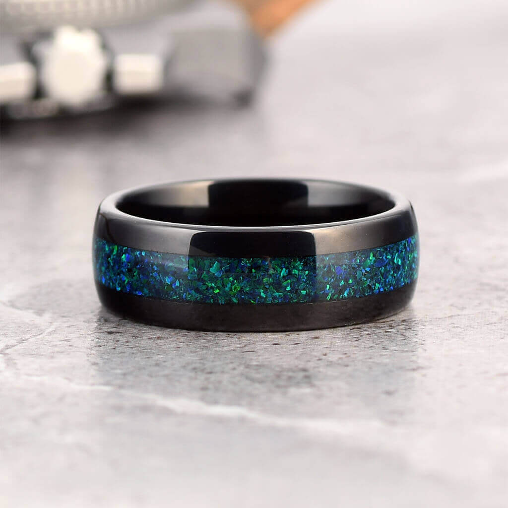 FOG Men's Green Opal Black Tungsten Wedding Band - Gaboni Jewelers