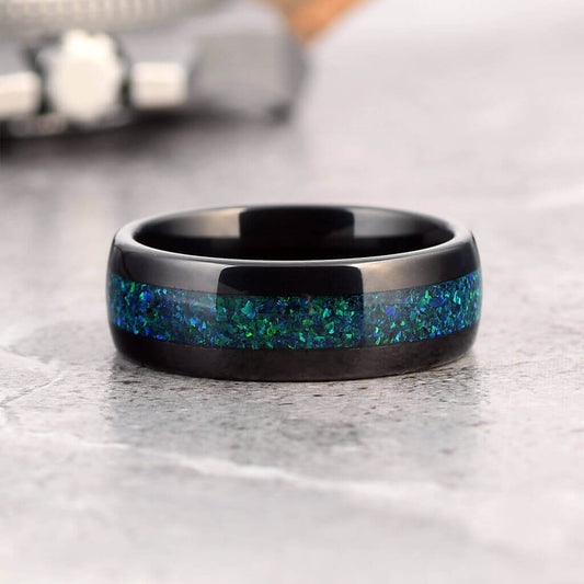FOG Men's Green Opal Black Tungsten Wedding Band - Gaboni Jewelers