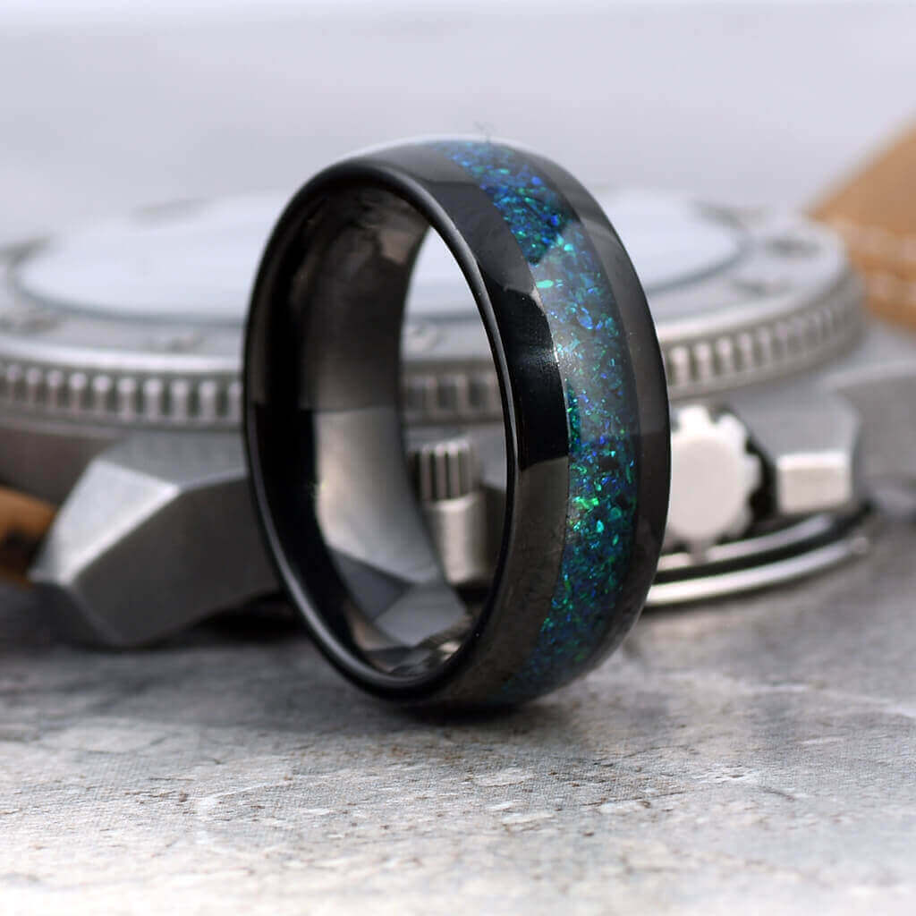 FOG Men's Opal Ring Black Tungsten Wedding Band - Gaboni Jewelers