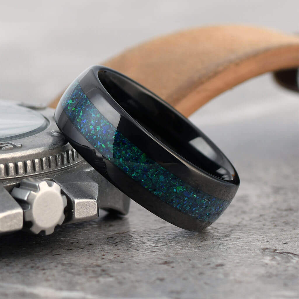 FOG Black Tungsten Wedding Band Green Opal Inlay - Gaboni Jewelers