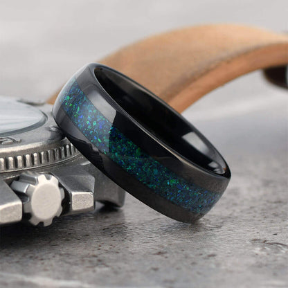 FOG Black Tungsten Wedding Band Green Opal Inlay - Gaboni Jewelers