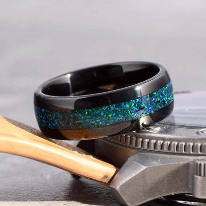 FOG Black Tungsten Wedding Band Green Opal Inlay Ring - Gaboni Jewelers