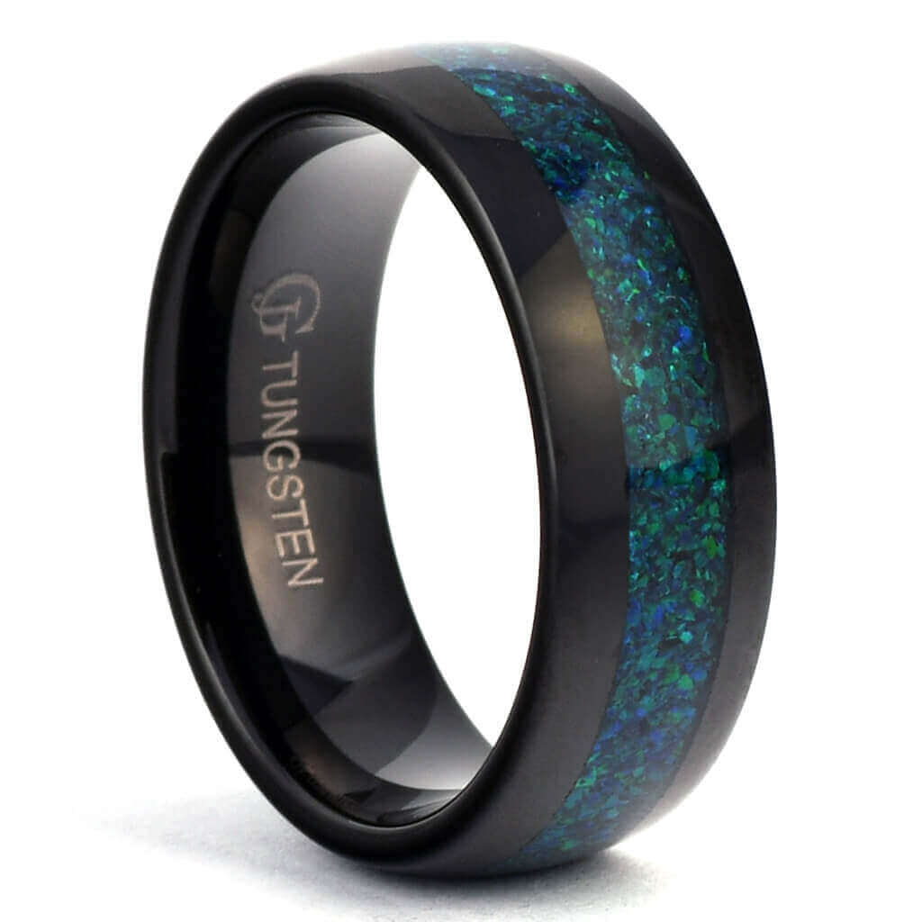 FOG Black Tungsten Wedding Band with Green Opal - Gaboni Jewelers