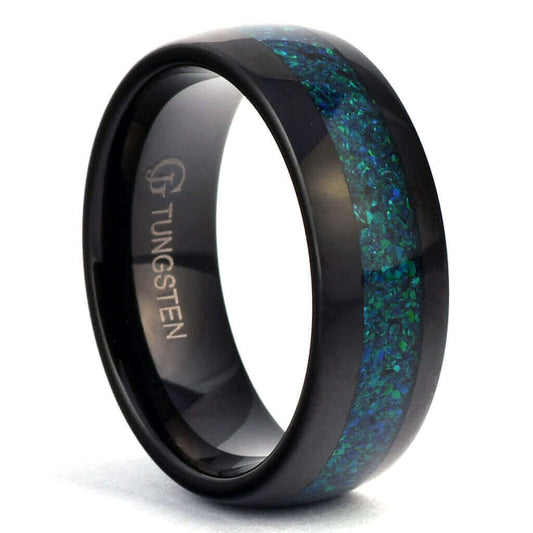 FOG Black Tungsten Wedding Band with Green Opal - Gaboni Jewelers