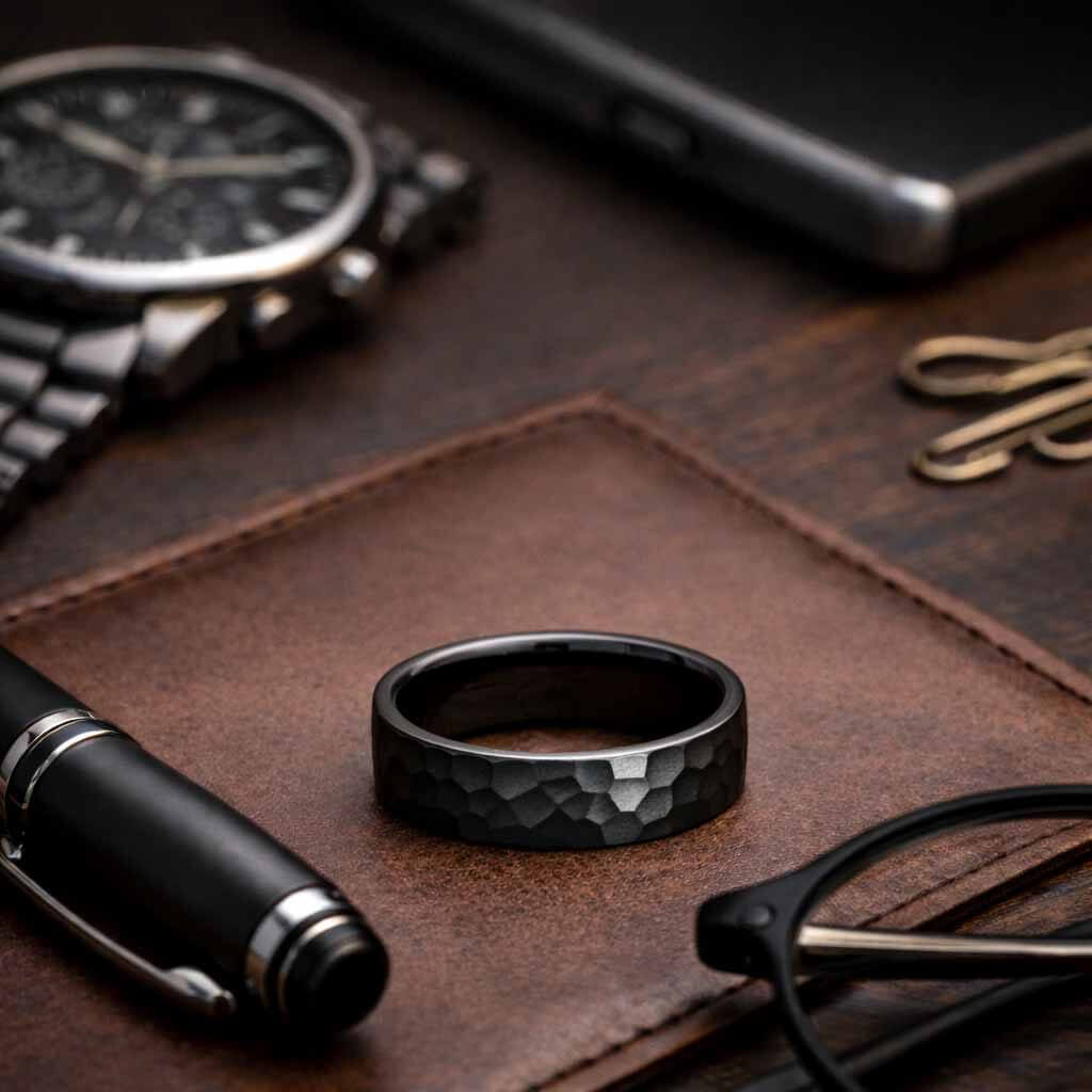 PERS Hammered Black Tungsten Wedding Band for Men 8mm on Table
