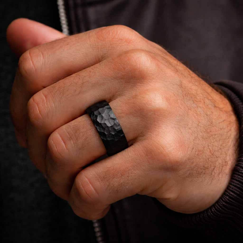 PERS Hammered Black Tungsten Wedding Band for Men 8mm Hand