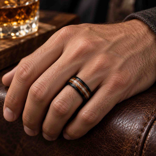 JAMES Whiskey Barrel_and Deer Antler Inlay Black Tungsten Ring Hand - 8mm Hammered