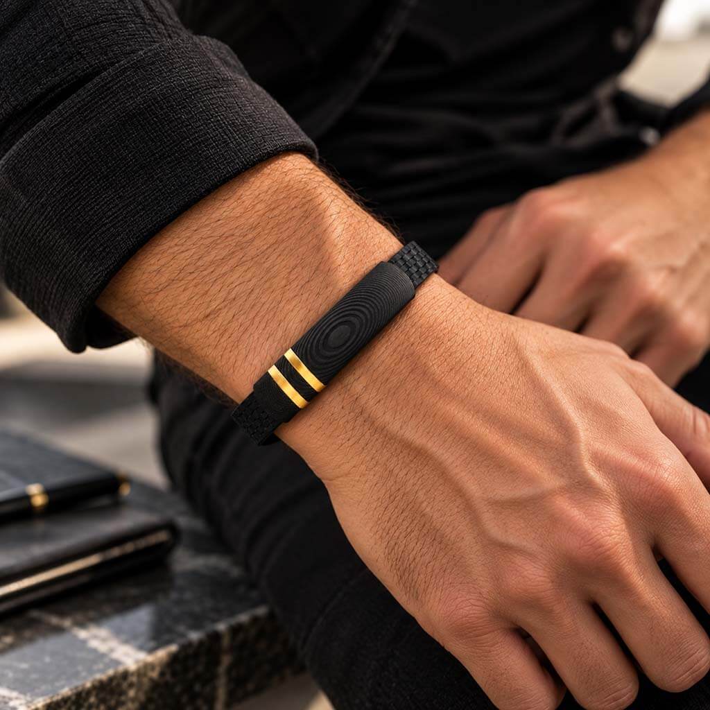 Men's Leather Bracelet with Carbon Fiber Black with Gold Hand – THE KAMA