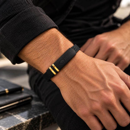 Men's Leather Bracelet with Carbon Fiber Black with Gold Hand – THE KAMA