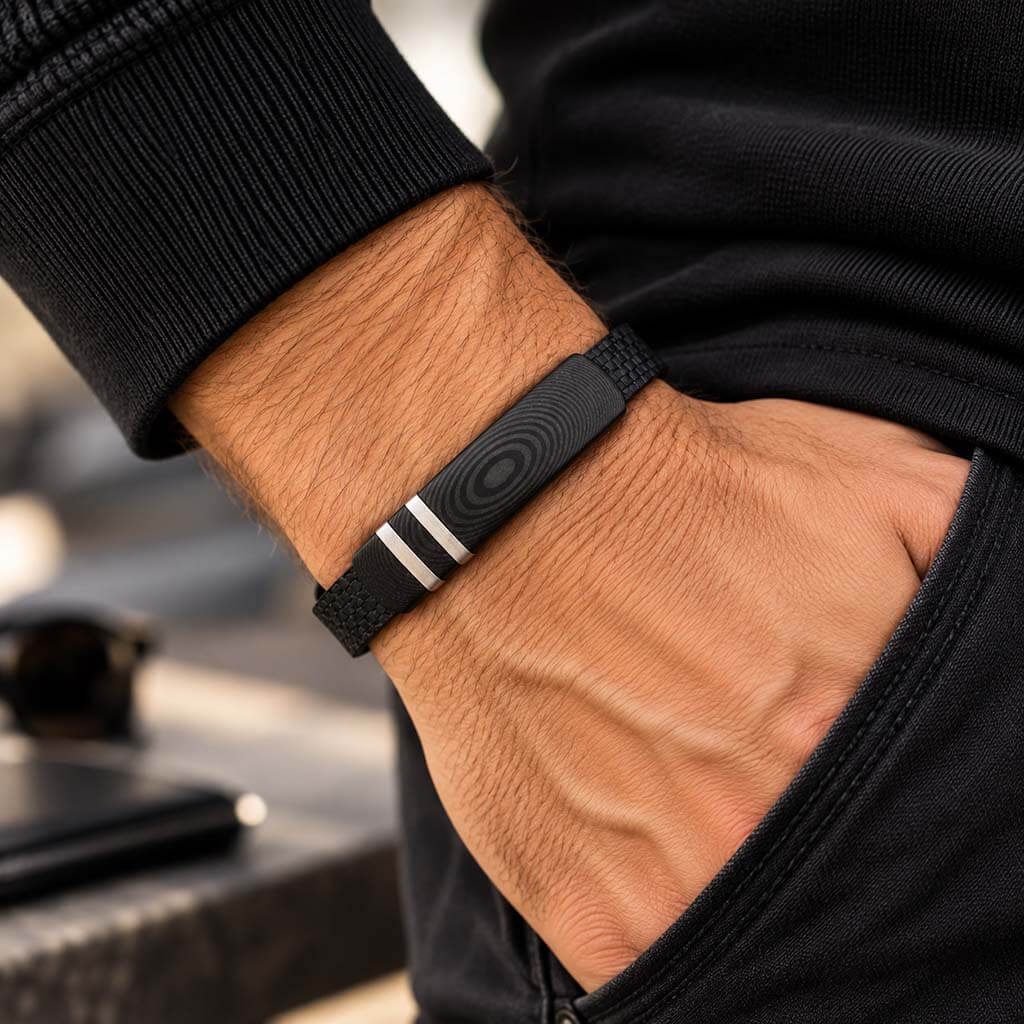 Men's Leather Bracelet with Carbon Fiber Black with Silver Hand – THE KAMA